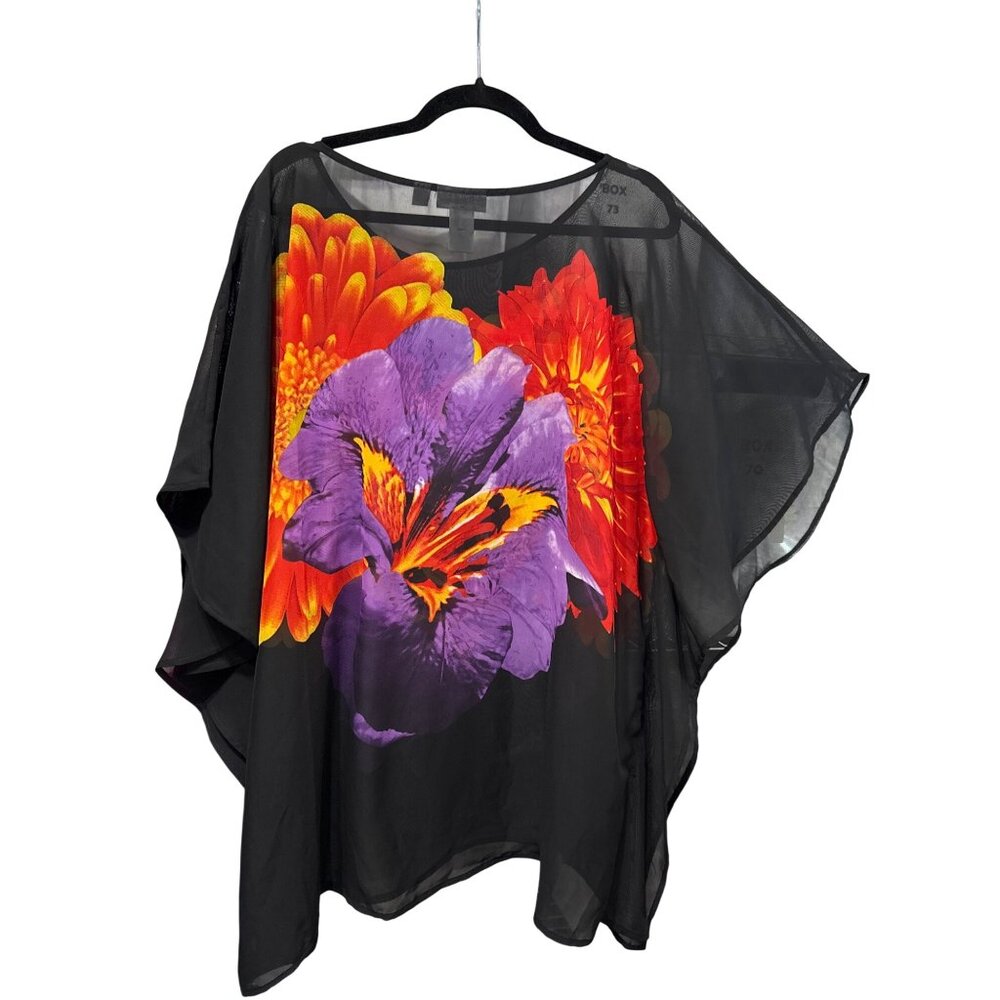 Susan Graver Black Floral Sheer Poncho Blouse Coverup Size L  Purple Red Flowers - Picture 3 of 5